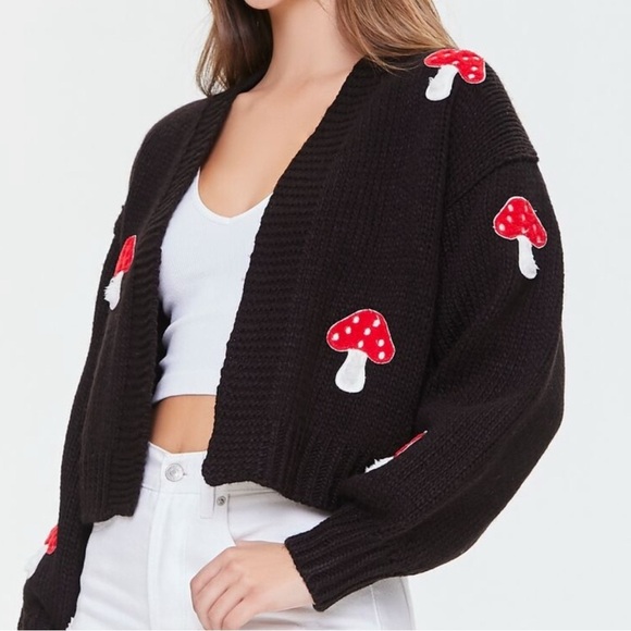 Forever 21 Black and Red Mushroom Cardigan Sweater - Picture 1 of 5